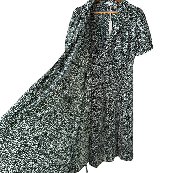 NWT Crescent Collared Wrap Midi Dress Short‎ Puff Sleeves in Green White, Medium - Picture 6 of 13